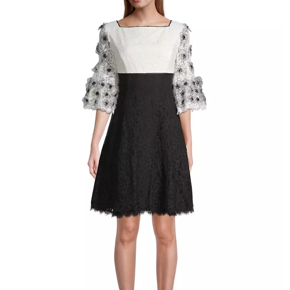 Shani size 14 cream and black lace dress fit flare with organza flowered sleeves - Picture 1 of 5